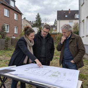 Drei Personen besprechen einen ausgebreiteten Bauplan an einem Tisch auf einem unbebauten Grundstück zwischen Wohnhäusern.