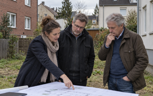 Drei Personen besprechen einen ausgebreiteten Bauplan an einem Tisch auf einem unbebauten Grundstück zwischen Wohnhäusern.