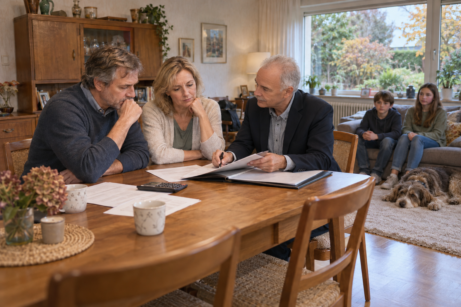 Klaus Gräber bespricht mit einem Paar Unterlagen am Esstisch eines älteren Hauses. Zwei Kinder sitzen im Hintergrund auf dem Sofa, daneben liegt ein Hund.