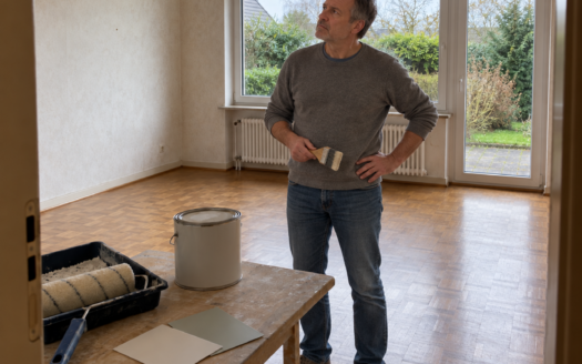 Nachdenklicher Mann mit einem Pinsel in einem älteren Wohnzimmer; auf einem Arbeitstisch stehen Farbe und Renovierungsutensilien.