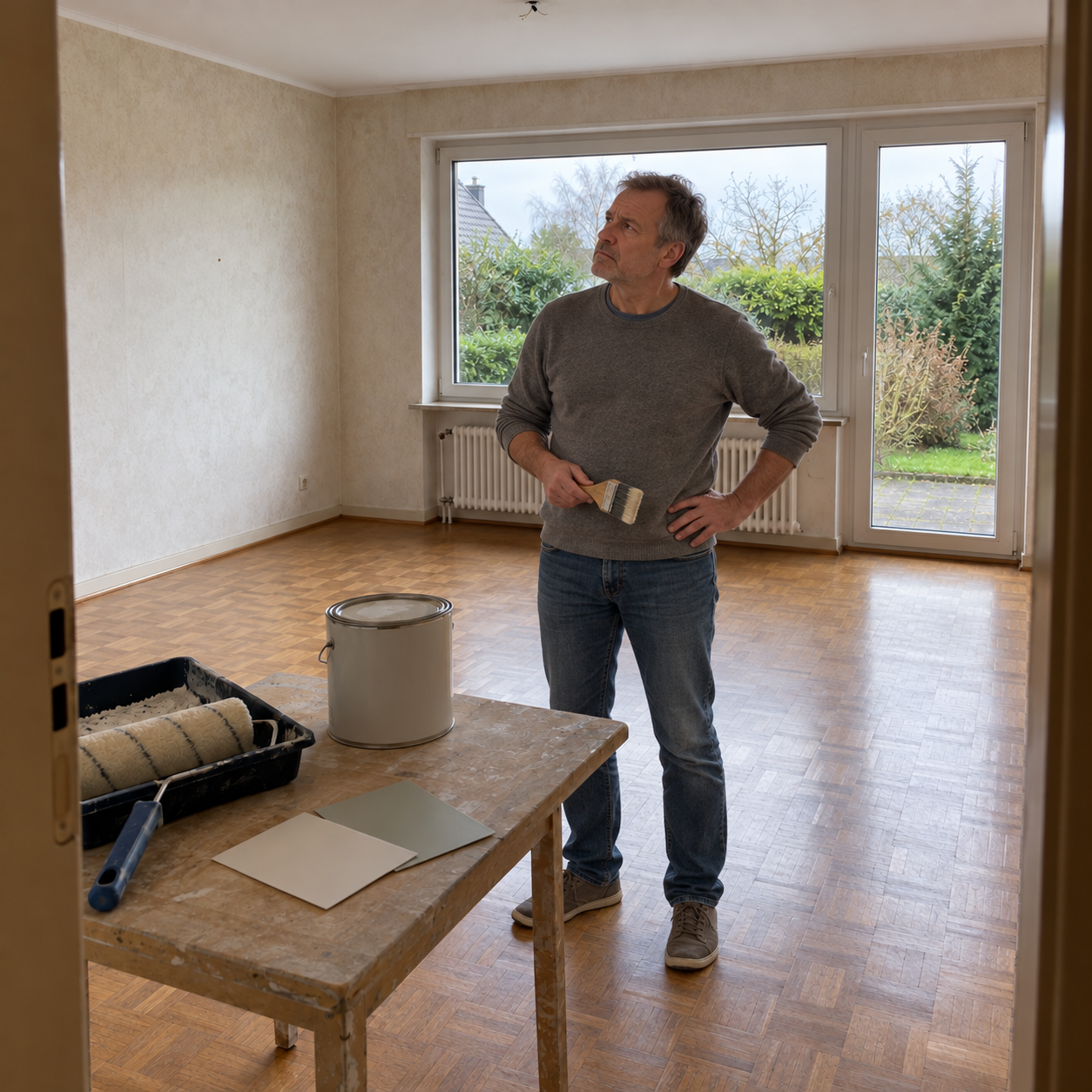 Nachdenklicher Mann mit einem Pinsel in einem älteren Wohnzimmer; auf einem Arbeitstisch stehen Farbe und Renovierungsutensilien.