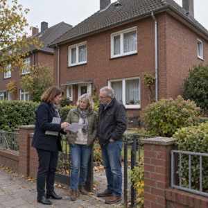 Ein älteres Paar bespricht mit einer Frau Unterlagen am Gartentor eines zweigeschossigen Backsteinhauses.