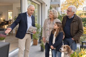 Immo2you Klaus Gräber zeigt einem älteren Paar mit einem Mädchen und einem Hund den offenen Terrassenzugang einer Wohnung.