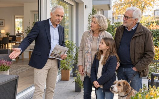 Immo2you Klaus Gräber zeigt einem älteren Paar mit einem Mädchen und einem Hund den offenen Terrassenzugang einer Wohnung.