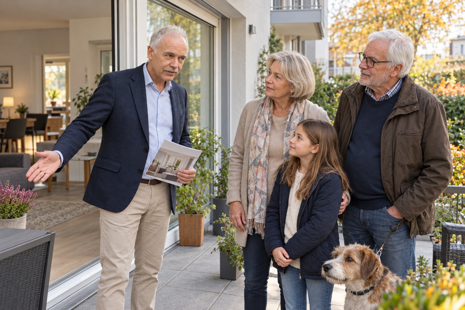 Immo2you Klaus Gräber zeigt einem älteren Paar mit einem Mädchen und einem Hund den offenen Terrassenzugang einer Wohnung.